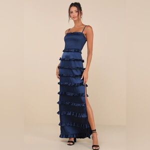 Lulus Sincerely fabulous navy blue satin smocked ruffled maxi dress